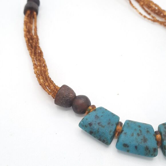 Chunky Bohemian Turquoise Amber Resin Square Beaded Statement Necklace 22" XLNT - Picture 5 of 5